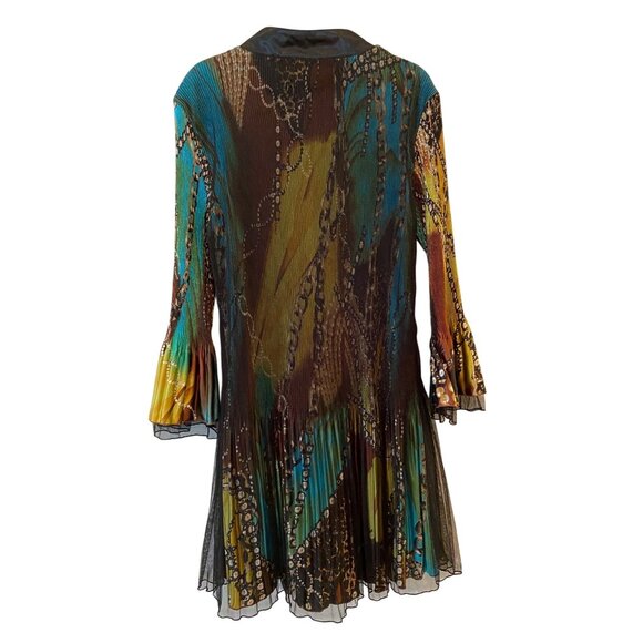 Pleated Button-Up Tunic Dress Abstract Multicolor Flared Sleeves Small/Medium - Picture 2 of 8